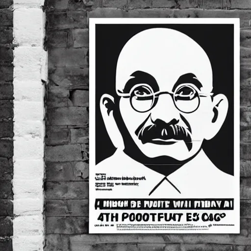 Prompt: propaganda posters of ghandi, evil, 4 k, stapled to a colourless white brick wall