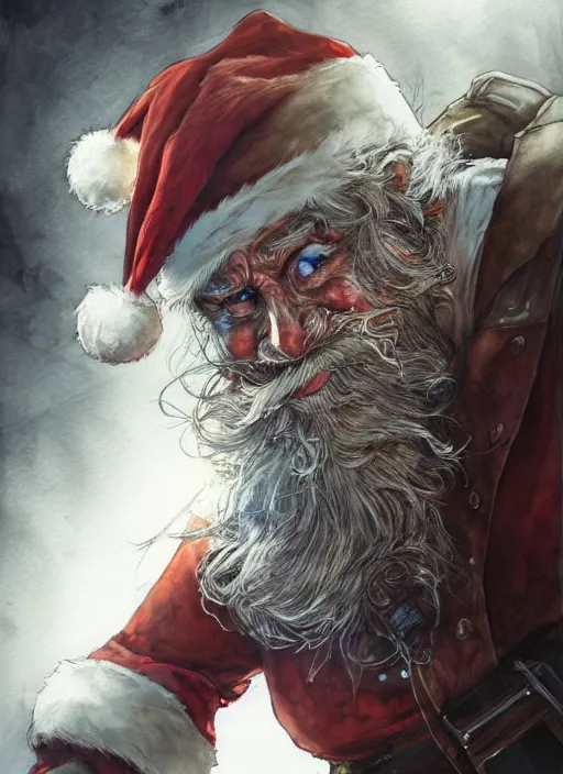 Image similar to portrait, Santa Clause fighting zombies, watercolor, dramatic lighting, cinematic, establishing shot, extremly high detail, foto realistic, cinematic lighting, pen and ink, intricate line drawings, by Yoshitaka Amano, Ruan Jia, Kentaro Miura, Artgerm, post processed, concept art, artstation, matte painting, style by eddie mendoza, raphael lacoste, alex ross