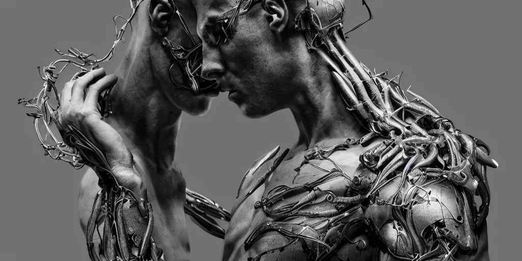 Prompt: hyper realistic photography of a stunningly beautiful cyborg male, intimately holding close, prometheus, in the style of beth cavener, jin kagetsu, and wlop, highly detailed, intricate filigree, symmetry, masterpiece, award winning, sharp focus, concept art, highkey lighting, ambient lighting, octane render, 8 k, artstation