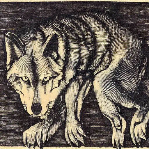 Image similar to wolf by albrecht durer. woodcut.