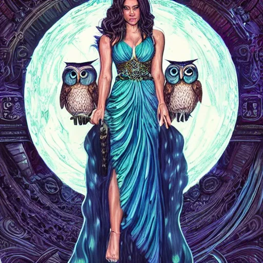 Image similar to a portrait jenna dewan as the goddess minerva surrounded by stacks of books, and owls, bioluminescent gown with deep level of detail of esoteric symbols, urban motifs, intricate, elegant, highly detailed, digital painting, trending on artstation, concept art, smooth sharp focus, illustration, art by artgerm and greg rutkowski