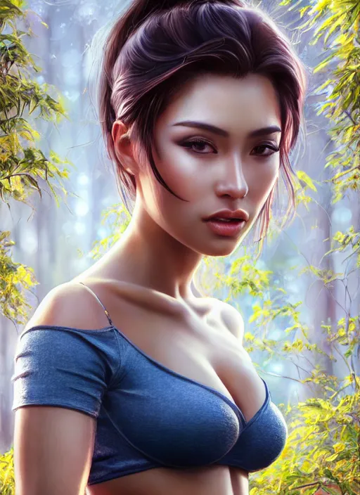 Image similar to photo of a gorgeous female in the style of stefan kostic, realistic, half body shot, sharp focus, 8 k high definition, insanely detailed, intricate, elegant, art by stanley lau and artgerm, extreme bokeh foliage