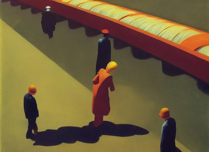 Image similar to conveyor belt with people Edward Hopper and James Gilleard, Zdzislaw Beksinski, highly detailed