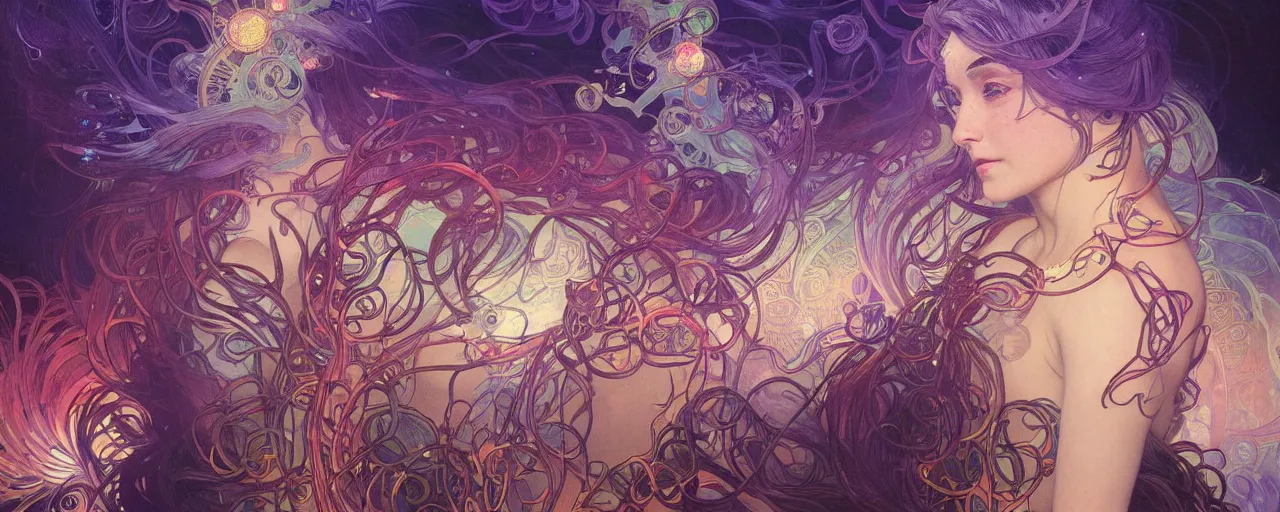 Image similar to she dreams of arcs of purple flame intertwined with glowing sparks, glinting particles of ice, dramatic lighting, steampunk, bright neon, secret holographic cyphers, red flowers, solar flares, intricate art by alphonse mucha and greg rutkowski and ruan jia