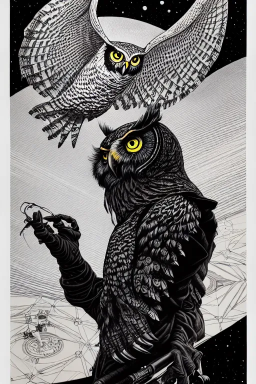 Image similar to side view of a majestic wizard holding a highly detailed owl on glove, high details, bold line art, by vincent di fate and joe fenton, inking, etching, screen print, masterpiece, trending on artstation, sharp, high contrast, hyper - detailed,, hd, 4 k, 8 k