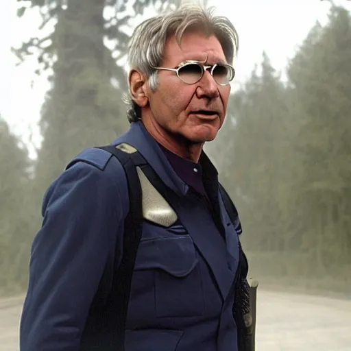 Prompt: A still of Harrison Ford in the new Battlestar Galactica (2003), wearing a very dark blue military uniform and oval reading glasses, standing at the bridge of the Galactica