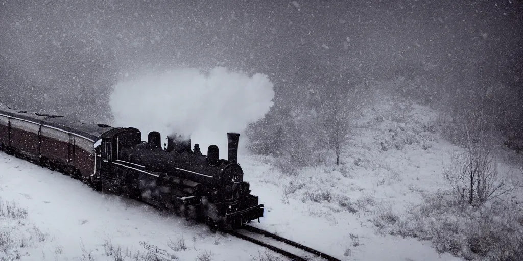 Image similar to a high detail photograph of a heavy steam train in the snow under a blizzard, realism, 4 k, award winning photograph, octane render, award winning photograph