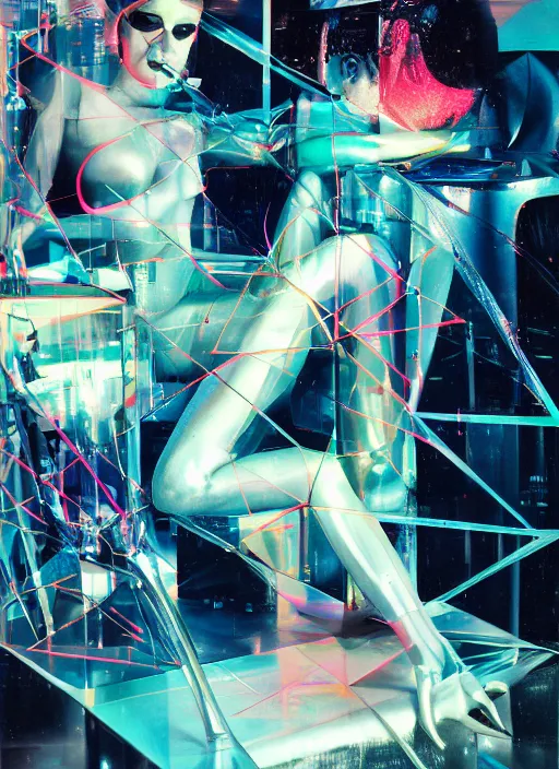 Prompt: futuristic lasers, data visualization, cyberpunk bodysuit, mask, laserpunk, visor, rain, wet, oiled, sweat, girl pinup, by steven meisel, james jean and rolf armstrong, geometric cubist perfect geometry abstract acrylic and hyperrealism photorealistic airbrush collage painting with menocjrome muted and neon fluorescent colors, 8 0 s eros