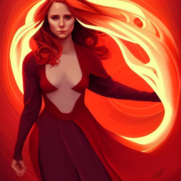 Image similar to style artgerm, joshua middleton, beautiful ( kristen bell ) with dark red dress, very long orange hair, symmetrical face, symmetrical eyes, fire powers fire swirling, detailed, volcano setting, cinematic lighting