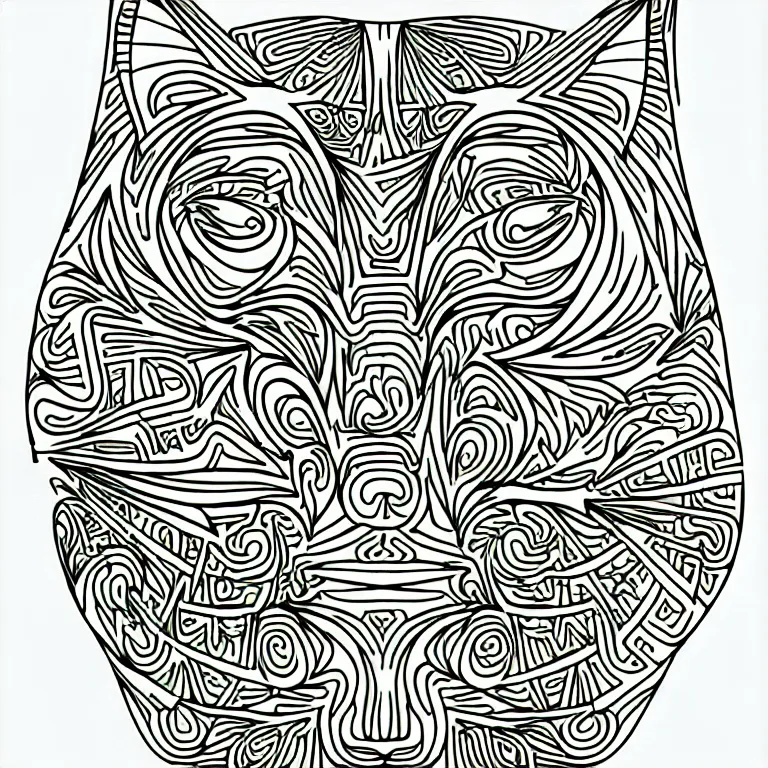 Image similar to egiptian cat's head ornaments fractal ink drawing line art colouring page, vector, margins, fine lines, centered