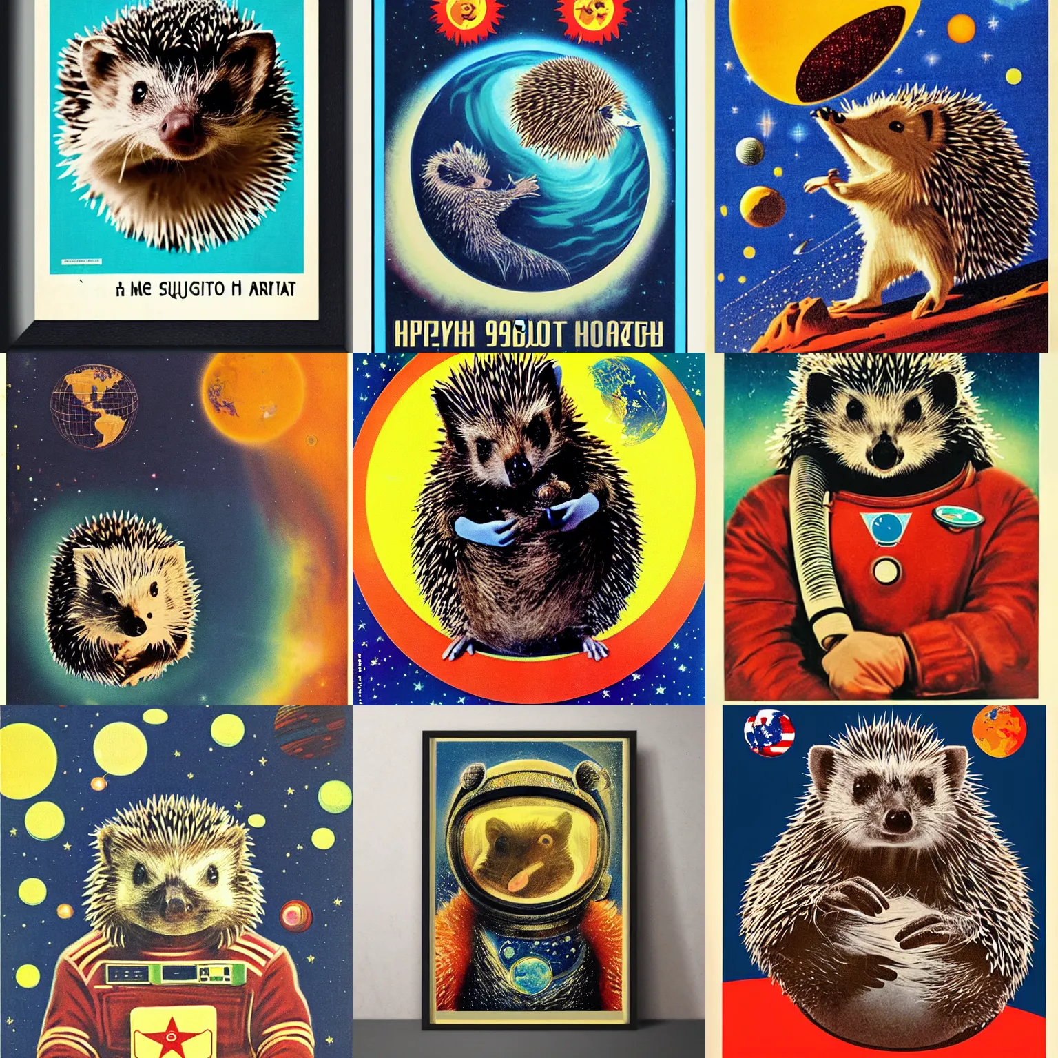 Prompt: Hedgehog cosmonaut portrait, planet earth, 60s poster, 1972 Soviet