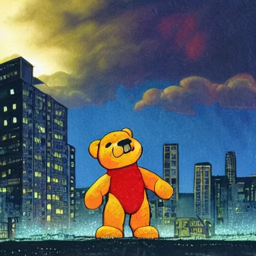 Image similar to a giant teddy ruxpin destroying a city, at night, hyperrealistic, rain and lightning