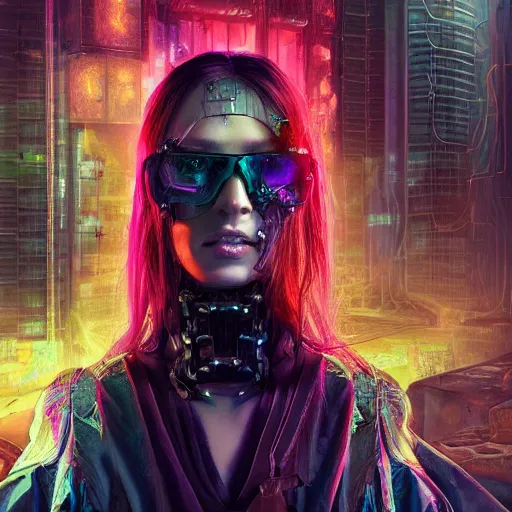 Prompt: cyberpunk sorceress in her lair, hyper realistic, 8 k, oil painting,