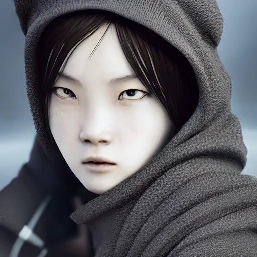 Image similar to chinese girl with black hoodie. insanely detailed. by wlop, ilya kuvshinov, krenz cushart, greg rutkowski, pixiv. zbrush sculpt, octane, maya, houdini, vfx. close - up cinematic dramatic atmosphere, sharp focus, volumetric lighting.