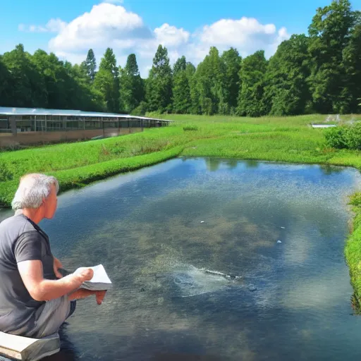 Prompt: a Philosopher visits a fish hatchery in the rural countryside. Realistic, photographic quality.