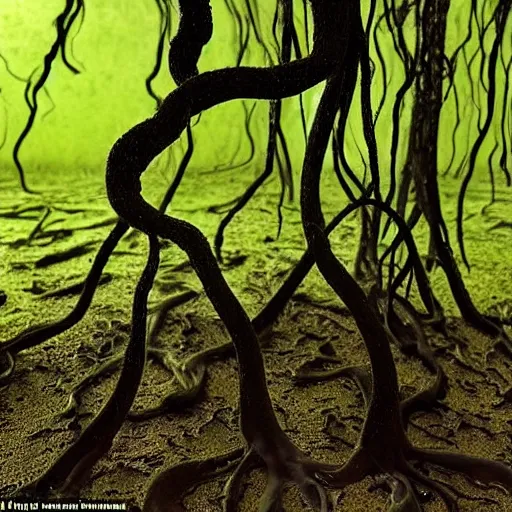 Image similar to ward - winning photograph of pitch black, tar - like, shadow roots with lots of tendrils spreading everywhere, intricate detail, goopy, deep black roots, infestation, shadowy, lovecraftian