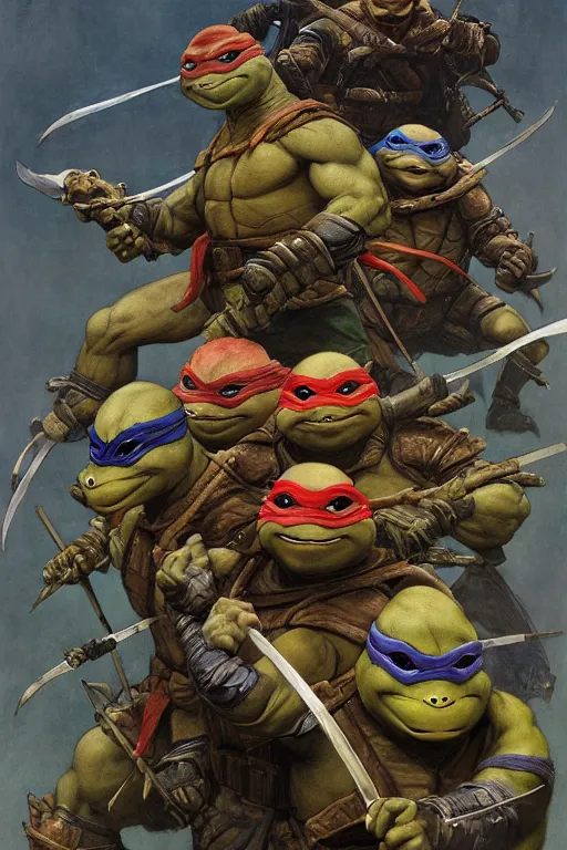 Prompt: portrait of a ninja turtles across the ages , frazetta themed, in style of Valentin Serov, in style of Ruan Jia, insanely detailed and intricate, golden ratio, elegant, ornate, luxury, elite, matte painting, cinematic, cgsociety, James jean, Brian froud, ross tran, Laputa