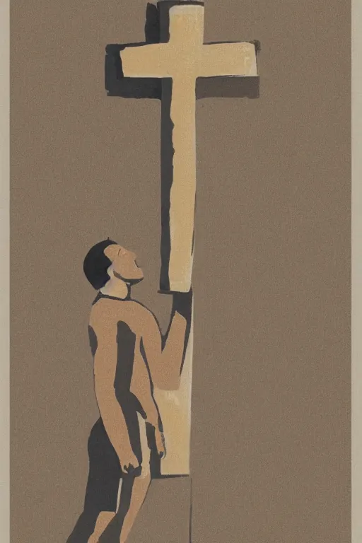 Image similar to man kneeling on the ground in front of a wooden cross, 1960’s minimalist advertising illustration, painterly, expressive brush strokes