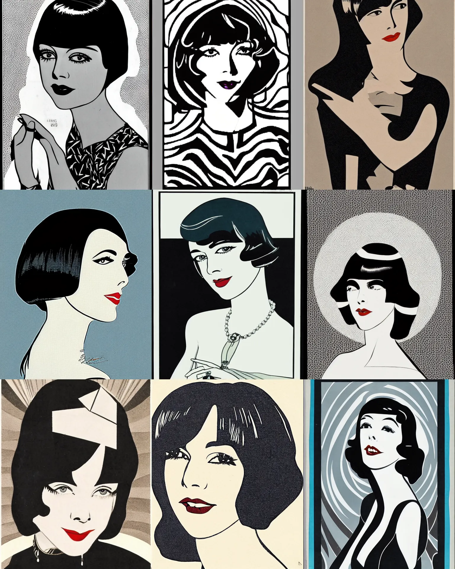 Prompt: Colleen Moore 25 years old, bob haircut, portrait by Patrick Nagel, 1920s, patterned art deco triangles