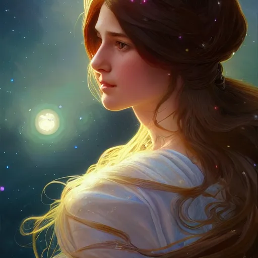 Prompt: girl with super long hair, hair becoming bright stars, intricate, highly detailed, digital painting, artstation, concept art, smooth, sharp focus, illustration, unreal engine 5, 8 k, art by artgerm and greg rutkowski and alphonse mucha