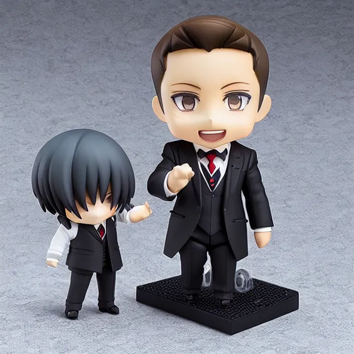 Image similar to a anime nendoroid of elon musk wear giorgio armani suits and black shoe, car tesla 3, figurine, smile, product photo, detailed