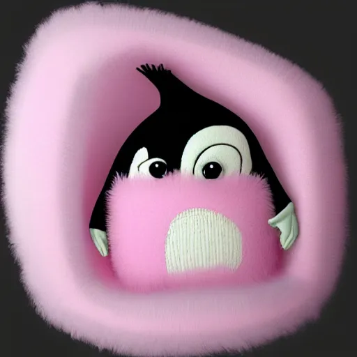 Image similar to one realistic penguin sitting in a pink fluffy bed, hyper detailed, trending on artstation