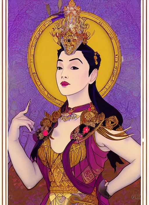 Image similar to well - lit art nouveau portrait of queen sirikrit of thailand, winatural lighting, path traced, real face, thai elegant traditional costume, highly detailed, high quality, cartoon, digital painting, by don bluth and ross tran and studio ghibli and alphonse mucha