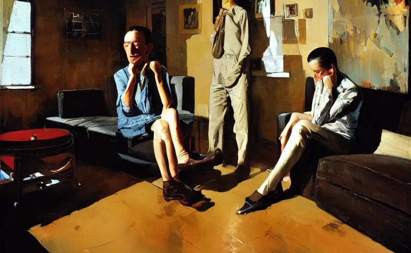 Image similar to a thin man cowers in a corner whilst his wife stands on a coffee table in a dark living room, painted by phil hale and rick berry and norman rockwell and jeremy mann, highly detailed