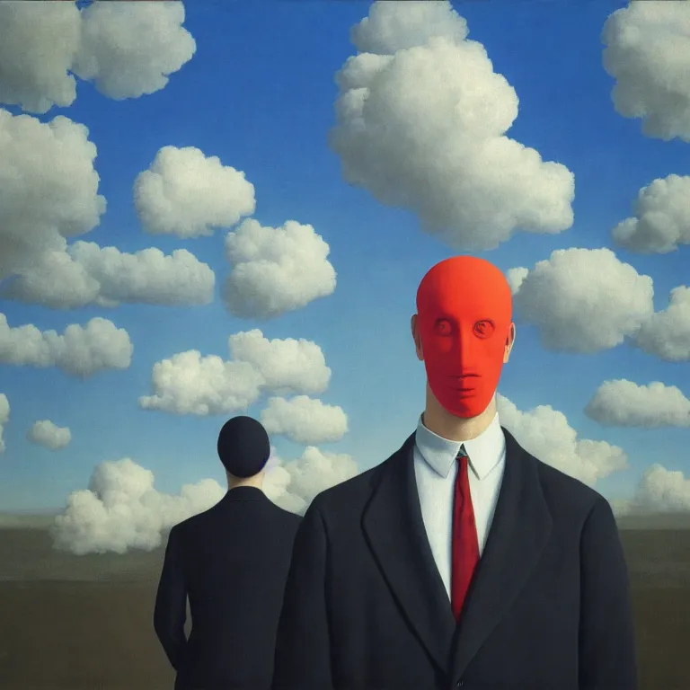 Image similar to portrait of a faceless cloth - head man in a suit, clouds in the background, by rene magritte, detailed painting, distance, centered, hd, hq, high resolution, high detail, 4 k, 8 k