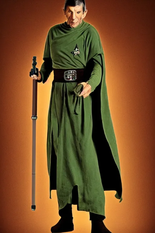 Prompt: photorealistic!! leonard nimoy as a jedi knight, brown jedi robe, holding a green lightsaber, film quality