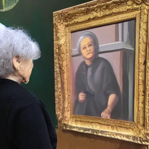 Image similar to old woman staring at a painting of her younger self