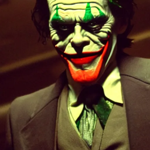 Image similar to Willem Dafoe as The Joker, film still from The Dark Knight, detailed, 4k