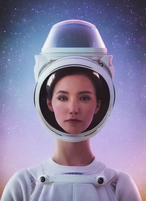 Prompt: photograph portrait of a very pretty!!! woman! symmetric face, petzval lens. out of focus, look at the camera. in an very detailed elegant astronaut costume. futuristic helmet, led lights reflections. space station. by alesio albi and george lucas and stanley kubrick and drew struzan, highly detailed