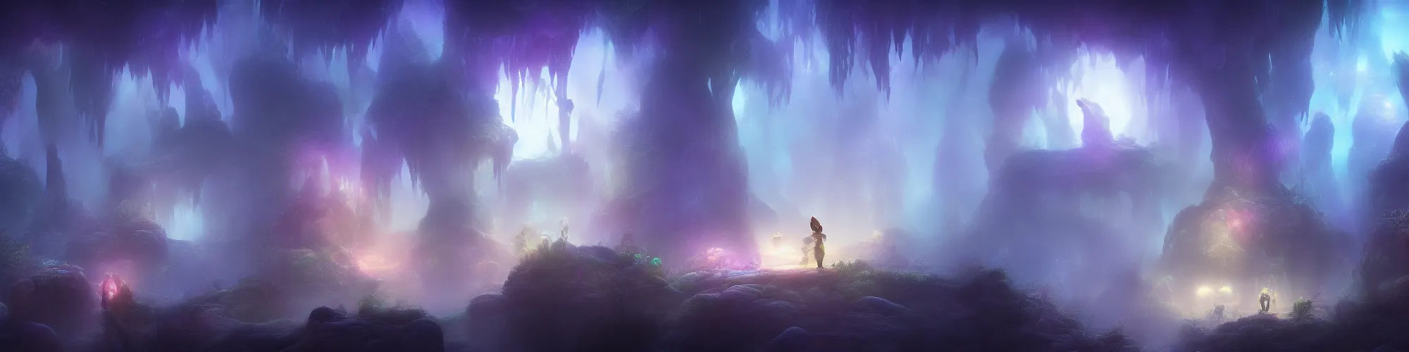 Image similar to huge crystal cave with cinematic lighting in the style of ori and the blind forest, highly detailed, digital art 4k, 8k