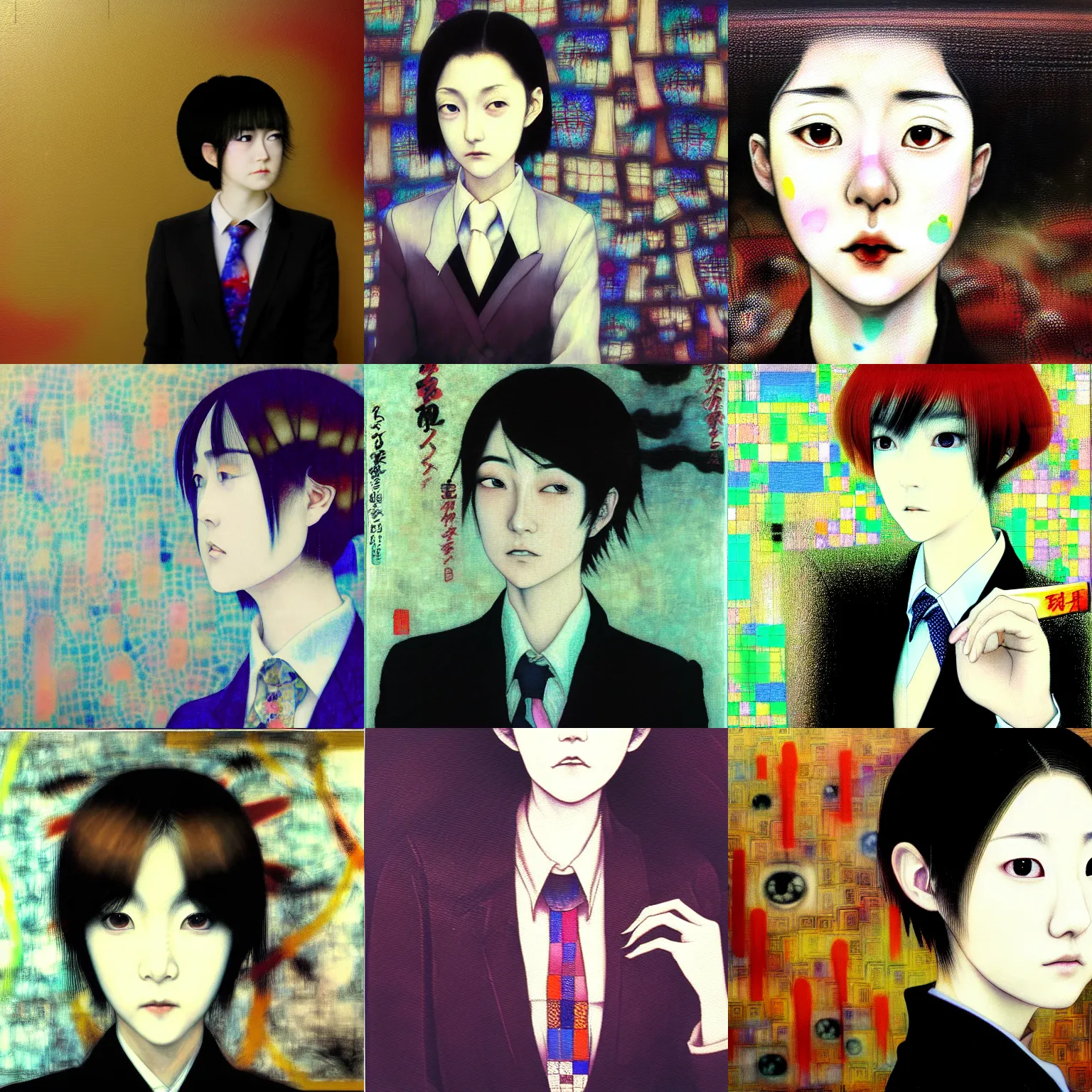 Prompt: yoshitaka amano blurred and dreamy realistic three quarter view portrait of a young woman with short hair and black eyes wearing office suit with tie, junji ito abstract patterns in the background, satoshi kon anime, noisy film grain effect, highly detailed, renaissance oil painting, weird portrait angle, blurred lost edges