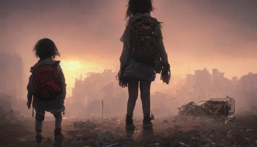 Image similar to poor detailed child with backpack standing at cars looking for food at garbage dump, destroyed cars, city is pure wasteland, moody sunset in background, greg rutkowski, alphonse mucha, trending on artstation, artgerm, unreal engine, breathtaking, award winning, highly detailed