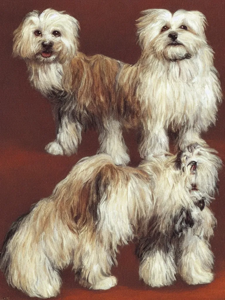 Prompt: a cream colored havanese dog, painting by louis wain