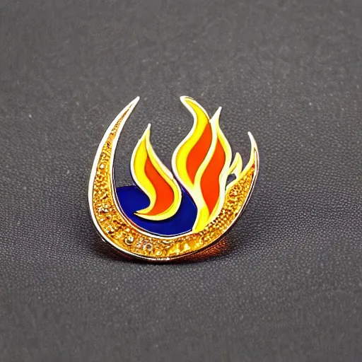 Image similar to a diamond enamel pin depicting a minimalistic illustration fire flames warning label, smooth curves