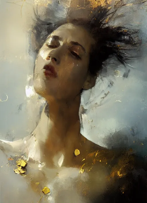 Prompt: portrait of goddess of love hovering, her body obscured by silver clouds, her eyes flaming with gold, her hair flowing and her face stern, by Jeremy Mann, stylized, detailed, loose brush strokes, warm tones, realizing, beautiful face