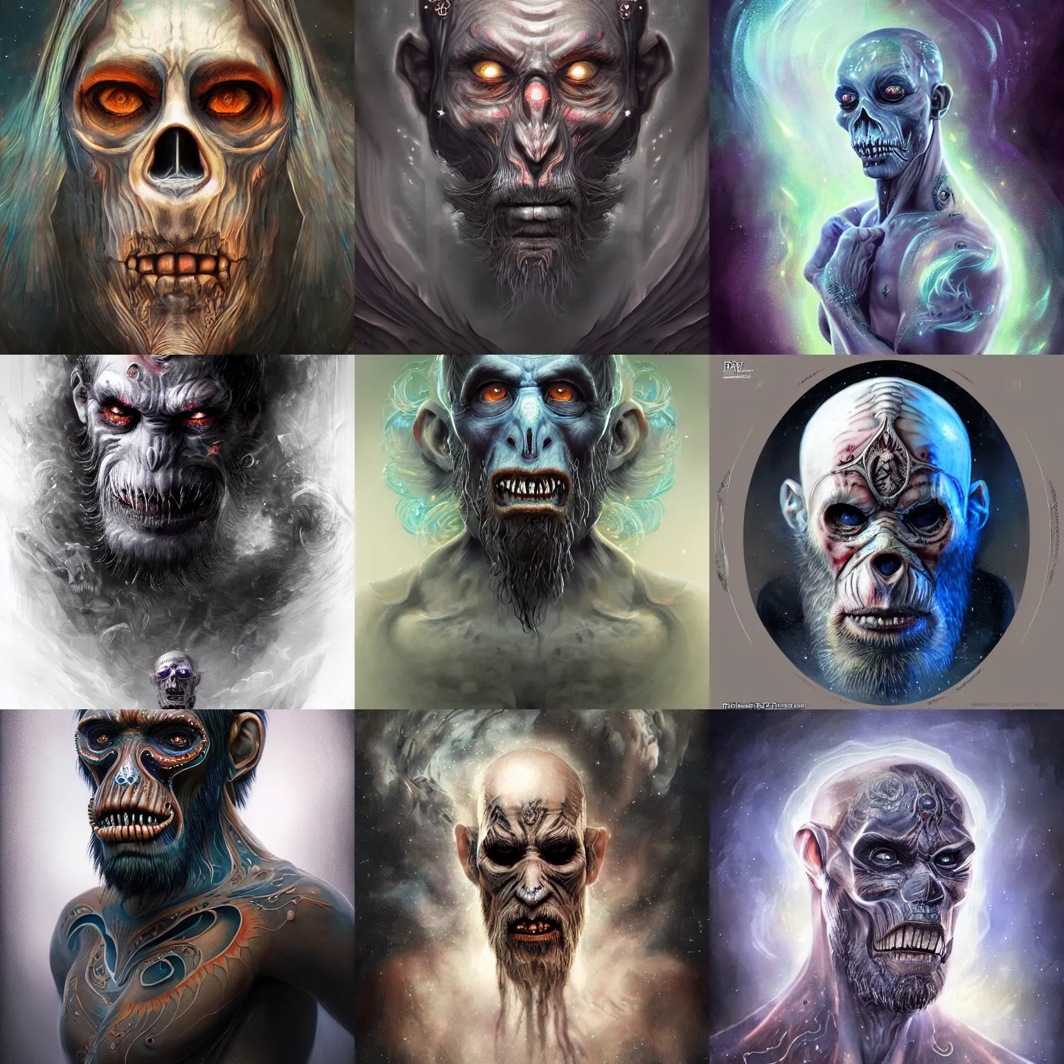 Image similar to a wlop 3 d render of very very very very highly detailed beautiful mystic portrait of a phantom undead ape with whirling galaxy around, tattoos by anton pieck, intricate, extremely detailed, digital painting, artstation, concept art, smooth, sharp focus, illustration, intimidating lighting, incredible art,