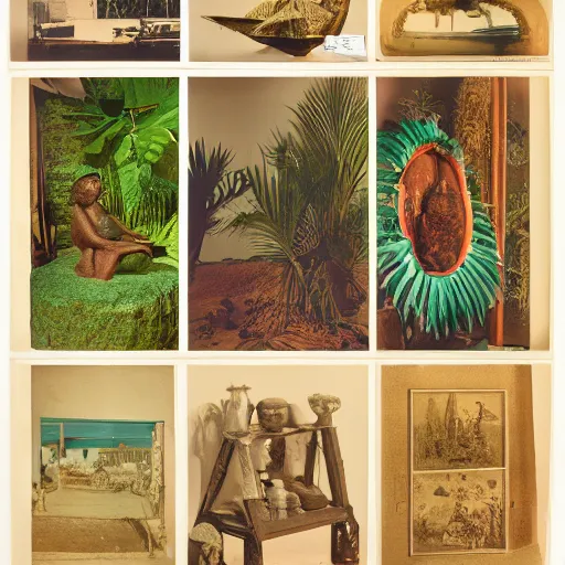 Prompt: An offset photography of an object on display, three colors, anthropology of wonder, exotic artifacts, bauhause, (tropicalism), colonial expedition, exhibition, 60s style