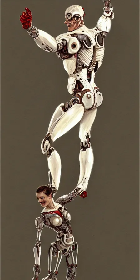 Image similar to a beautiful concept art of human shaped showman dancing cyborg with two arms and two legs by james gurney, trending on artstation.