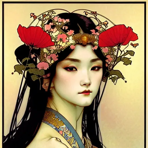 Prompt: realistic detailed face portrait of a beautiful young geisha with poppies by alphonse mucha, ayami kojima, amano, greg hildebrandt, and mark brooks, art nouveau, neo - gothic, gothic