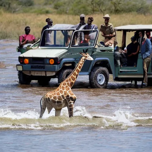 Image similar to a giraffe driving a safari car in south africa watching humans gathering in a giant river