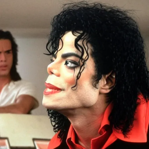 Prompt: Michael Jackson on the film set of Tommy Wiseau's movie The Room, production photo