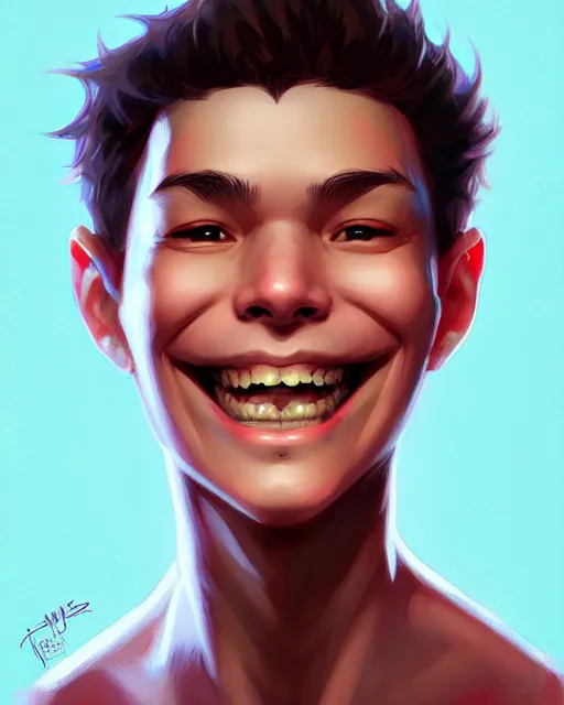 Image similar to digital art, fantasy portrait of a boy with a large smile, by James Jean and by artgerm, by ross tran , ultradetailed, charachter design, concept art, trending on artstation,