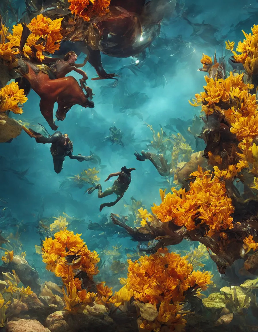 Image similar to a cowboy turning into blooms in real life. tropical sea slugs. bold complementary colors. volumetric lighting, beautiful, golden hour, sharp focus, ultra detailed, cgsociety by leesha hannigan, ross tran, thierry doizon, kai carpenter, ignacio fernandez rios, noir art house, 4 k, 3 5 mm, fujifilm