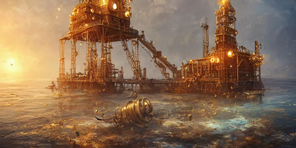 Image similar to golden steampunk oilrig in the sea, coins flying, intricate, very very beautiful, elegant, highly detailed, digital painting, artstation, concept art, smooth, sharp focus, illustration, WLOP