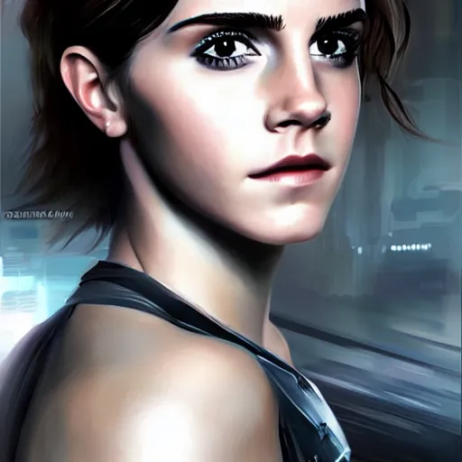 Prompt: Portrait of Emma Watson, cyberpunk style, artstation cgsociety masterpiece