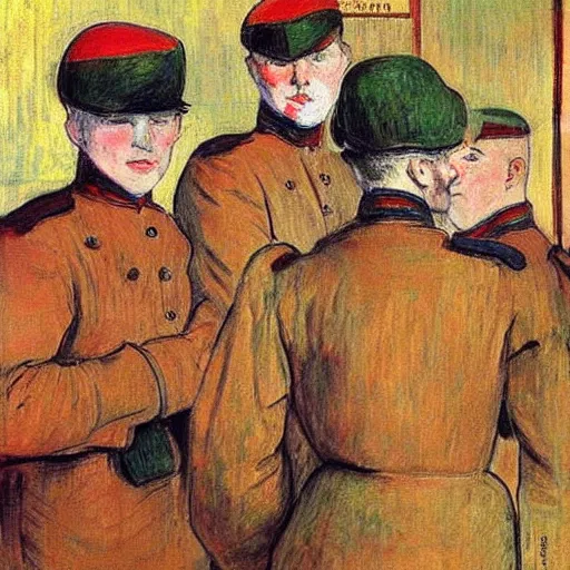 Prompt: modern red berets soldiers inside of a pub, painting by toulouse - lautrec, soldiers wearing tactical clothing, cinematic, award winning